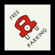A red car with "Free Parking" written diagonally round it on a white background.