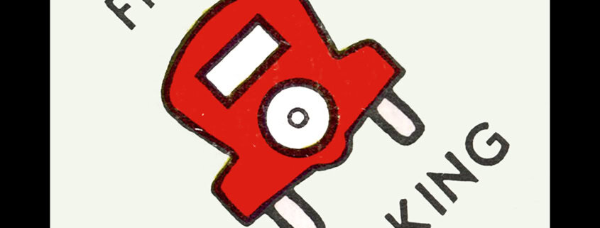 A red car with "Free Parking" written diagonally round it on a white background.